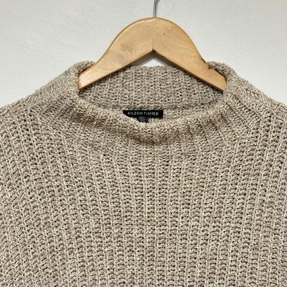 Eileen Fisher Open Knit Sweater Womens XL 100% Organic Cotton Mock Neck Neutral - Picture 2 of 7